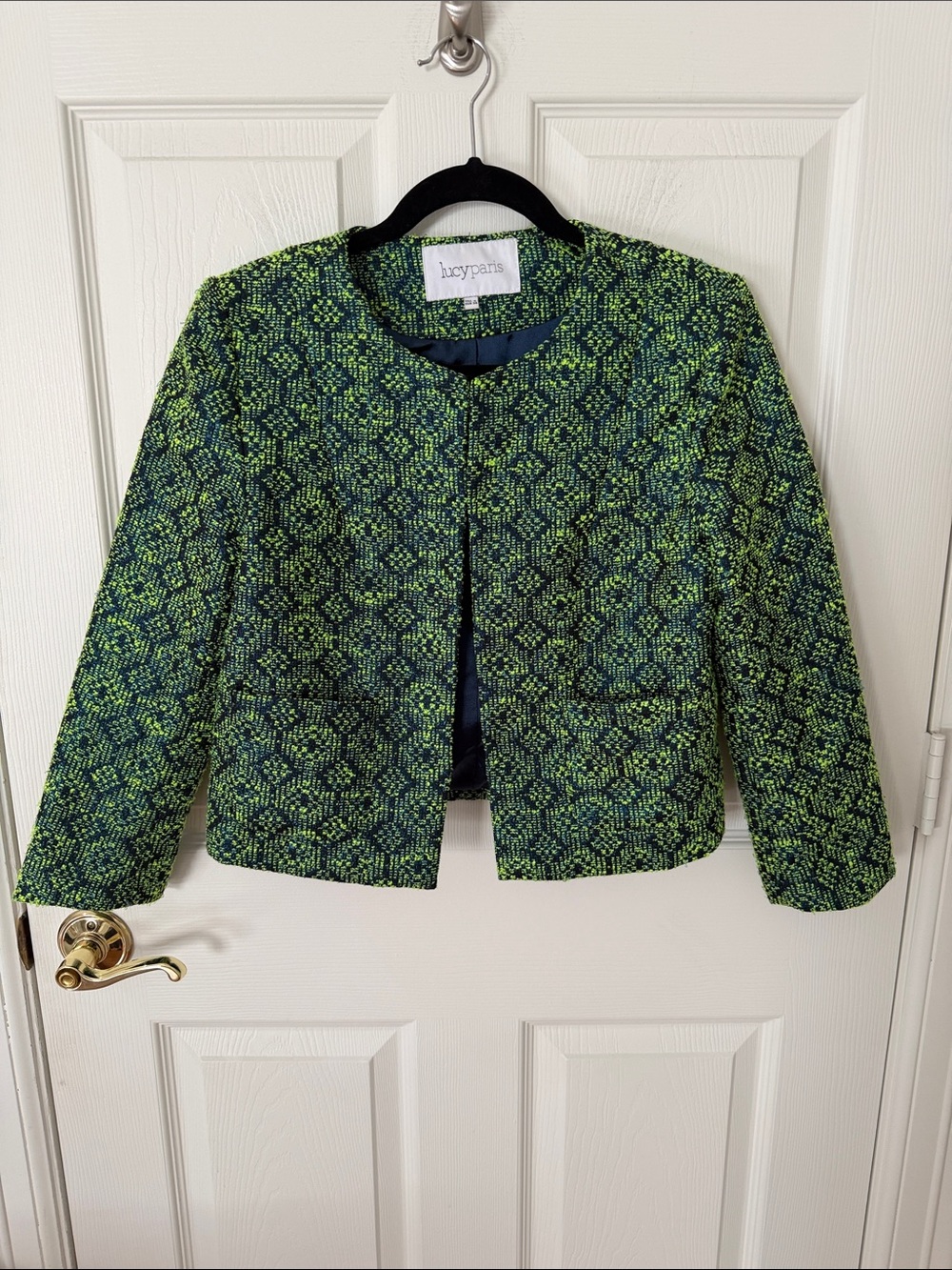 Lucy Paris Navy and Lime Green Patterned Cropped Blazer small